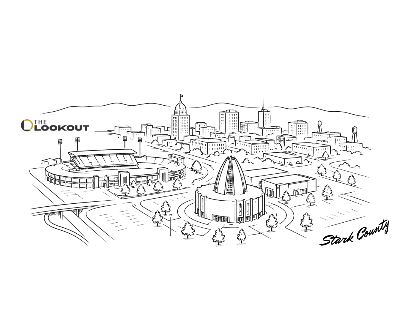 Illustration of Stark County — the Pro Football Hall of Fame, stadium, and Canton skyline